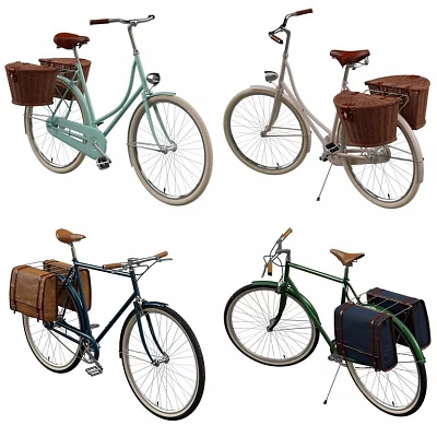Colorful Vintage Bicycles With Wicker Baskets And Leather Travel Suitcases 3d model