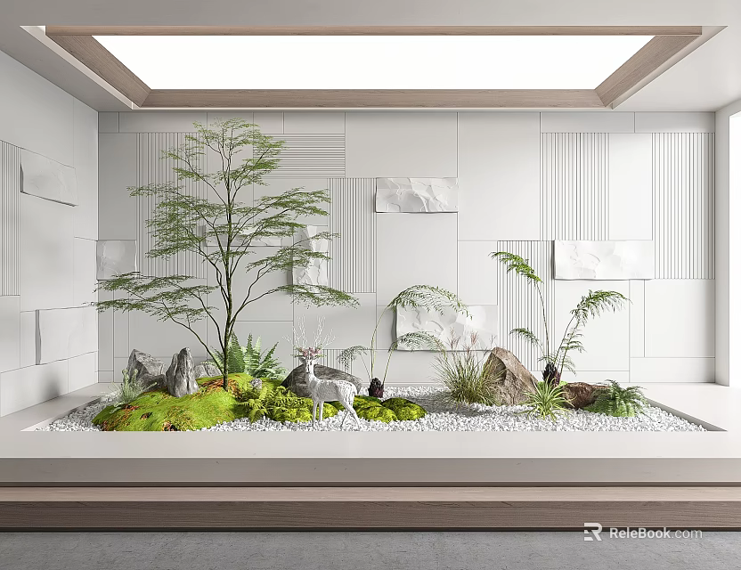 Indoor Landscape With White Textured Walls Rectangular Planter Green Plants Trees Stones Moss And Skylight 3d model 