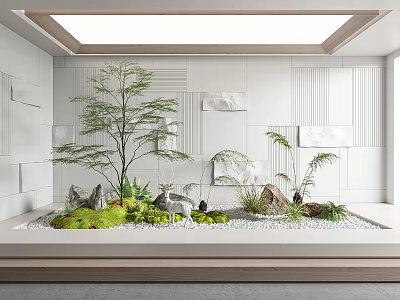 Indoor Landscape With White Textured Walls Rectangular Planter Green Plants Trees Stones Moss And Skylight 3d model