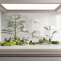 Indoor Landscape With White Textured Walls Rectangular Planter Green Plants Trees Stones Moss And Skylight