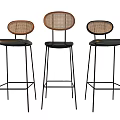 Modern Bar Stools Featuring Rattan Backrest Brown Seat And Black Metal Frame