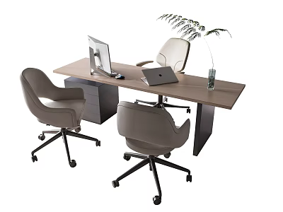 Office Desk with Computer Monitor Laptop and Plant in Vase Surrounded by Three Ergonomic Chairs 3d model