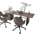Office Desk with Computer Monitor Laptop and Plant in Vase Surrounded by Three Ergonomic Chairs