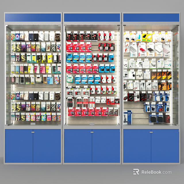 Organized Retail Display Shelves With Colorful Merchandise And Blue Cabinet Doors 3d model 