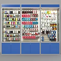 Organized Retail Display Shelves With Colorful Merchandise And Blue Cabinet Doors