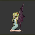 Game Movie Fairy Character With Pink Wings Long Blonde Hair Light Blue Dress Kneeling Pose