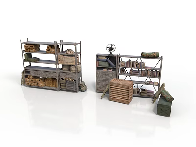 Storage Shelves With Wooden Crates Books Sacks And Stacked Boxes 3d model