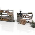 Storage Shelves With Wooden Crates Books Sacks And Stacked Boxes