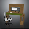 Wooden Home Office Desk With Green Drawers White Chair And Monitor
