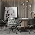 Elegant Modern Dining Table Set With Checkered Solid Chairs Decorative Wall Artwork And Chandelier 3d model