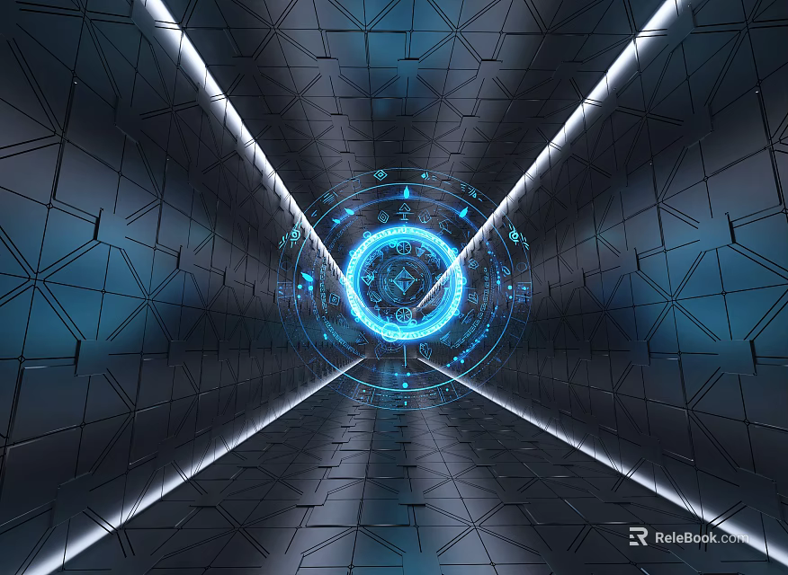 Futuristic Elevator Hallway With Blue Glowing Ring And Geometric Patterns 3d model 
