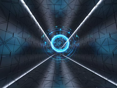 Futuristic Elevator Hallway With Blue Glowing Ring And Geometric Patterns 3d model
