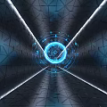 Futuristic Elevator Hallway With Blue Glowing Ring And Geometric Patterns