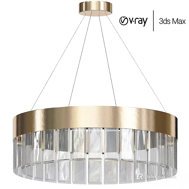 Modern Round Chandelier Featuring Golden Metal Frame And Transparent Crystal Elements 3d model 