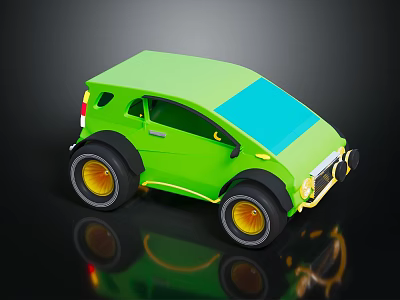 Cartoon Style Green Car With Large Wheels Blue Roof On Black Background And Reflection 3d model