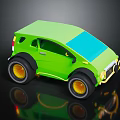 Cartoon Style Green Car With Large Wheels Blue Roof On Black Background And Reflection