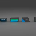 Modern Exhibition Reception Desks With Colorful Panel Designs And Corporate Brand Logos