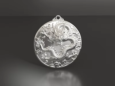 Elegant Silver Round Pendant Featuring Intricate Dragon Design And Shiny Finish 3d model