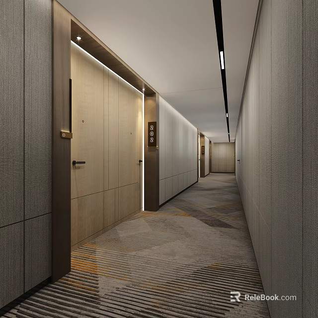 Modern Hotel Corridor With Wooden Doors Patterned Carpet And Recessed Lighting 3d model 