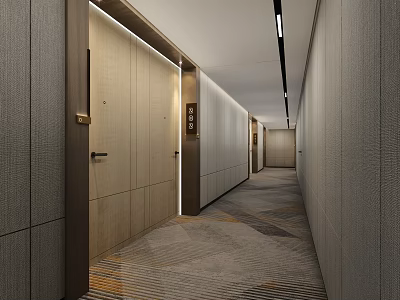 Modern Hotel Corridor With Wooden Doors Patterned Carpet And Recessed Lighting 3d model