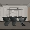 Modern Restaurant Interior With Gray Chairs Dining Table Pendant Lights And Black White Patterned Artwork 3d model
