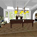 Elegant Billiard Room with Wooden Table Hanging Chandeliers Green Plants and Tiled Floor