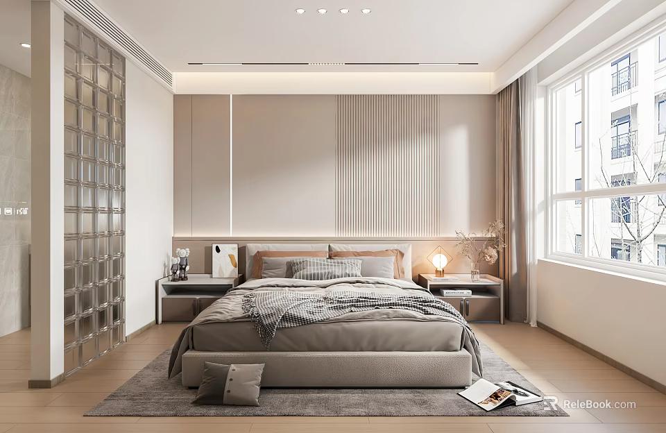 Modern Bedroom Interior Design With Comfortable Bed Bedside Tables And Window Curtains 3d model 