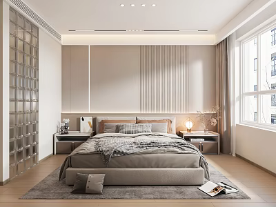 Modern Bedroom Interior Design With Comfortable Bed Bedside Tables And Window Curtains 3d model