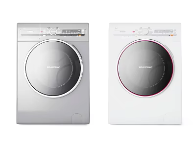 Two Modern Front Loading Washing Machines in Gray and White Colors 3d model