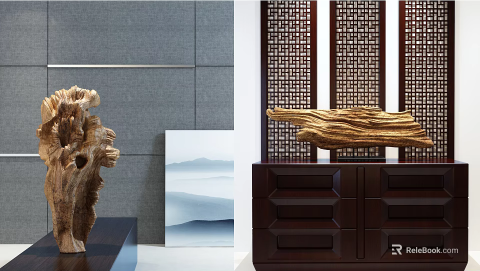Natural Style Home Decorative Ornament Set With Wooden Sculpture Ink Landscape Painting And Dark Cabinet 3d model 