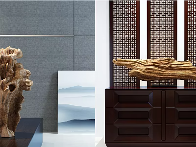 Natural Style Home Decorative Ornament Set With Wooden Sculpture Ink Landscape Painting And Dark Cabinet 3d model