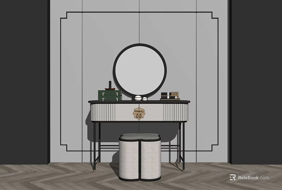 Elegant Modern Vanity Table Design With Round Mirror Stool And Decorative Cabinet 3d model