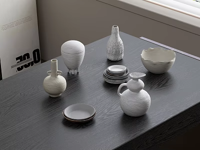White Textured Ceramic Vessels Including Bowls Plates and Vases Arranged on Dark Wooden Table 3d model