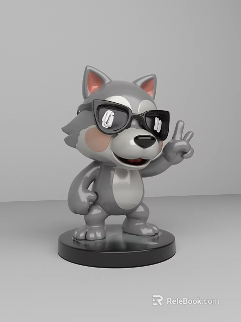 Cartoon Wolf Sculpture Wearing Sunglasses Making Peace Sign With Black Base 3d model 