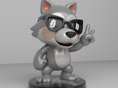 Cartoon Wolf Sculpture Wearing Sunglasses Making Peace Sign With Black Base 3d model