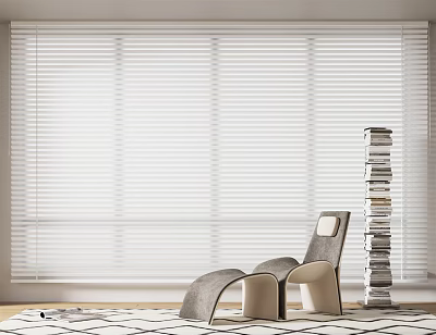 White Blinds Covering Large Window With Modern Style Chair And Stacked Books 3d model