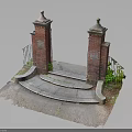 Red Brick Pillars With Ornamental Tops And Stone Steps Surrounded By Green Plants