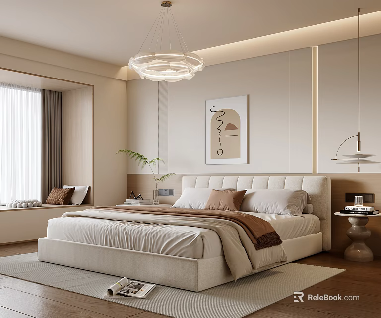 Modern Luxury Beige Bedroom With Large Bed Chandelier Decorative Painting Floor-to-Ceiling Window Rug Nightstand Greenery 3d model 