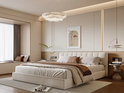 Modern Luxury Beige Bedroom With Large Bed Chandelier Decorative Painting Floor-to-Ceiling Window Rug Nightstand Greenery 3d model