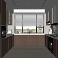 Modern Kitchen Interior With Dark Brown Cabinets Stainless Steel Refrigerator Window Blinds And Countertop Design