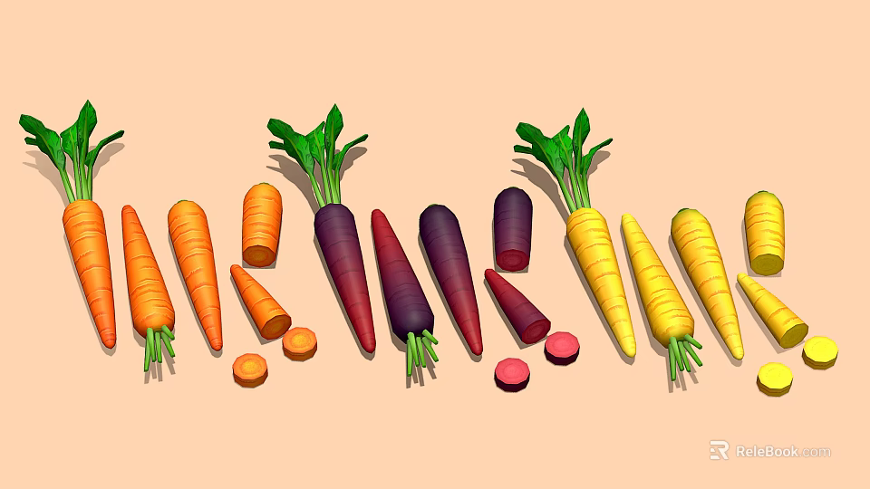 Fresh Colorful Carrots With Orange Purple Yellow Varieties Whole And Sliced Green Tops 3d model 