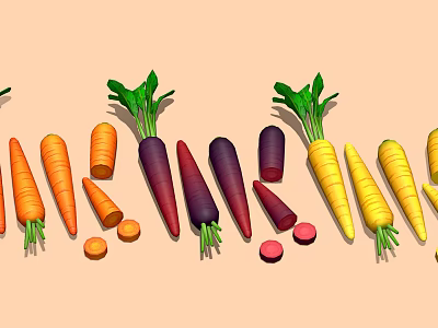 Fresh Colorful Carrots With Orange Purple Yellow Varieties Whole And Sliced Green Tops 3d model