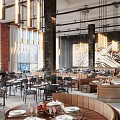 Elegant Modern Restaurant Interior With Hanging Chandeliers Large Windows Wooden Tables And Leather Chairs