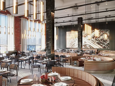 Elegant Modern Restaurant Interior With Hanging Chandeliers Large Windows Wooden Tables And Leather Chairs 3d model