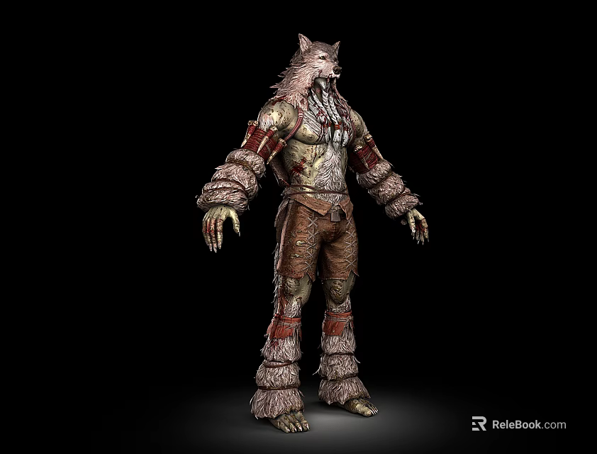 Wolf Headed Humanoid Game Movie Character With Striped Fur Clothing Design 3d model 