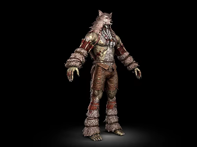 Wolf Headed Humanoid Game Movie Character With Striped Fur Clothing Design 3d model