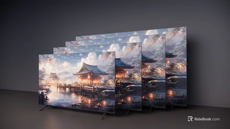 Multiple Televisions Displaying Scenic Landscape With Traditional Pavilion Water Reflections And Sky Clouds 3d model 