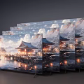Multiple Televisions Displaying Scenic Landscape With Traditional Pavilion Water Reflections And Sky Clouds