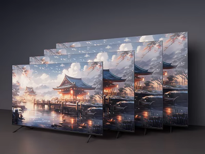 Multiple Televisions Displaying Scenic Landscape With Traditional Pavilion Water Reflections And Sky Clouds 3d model