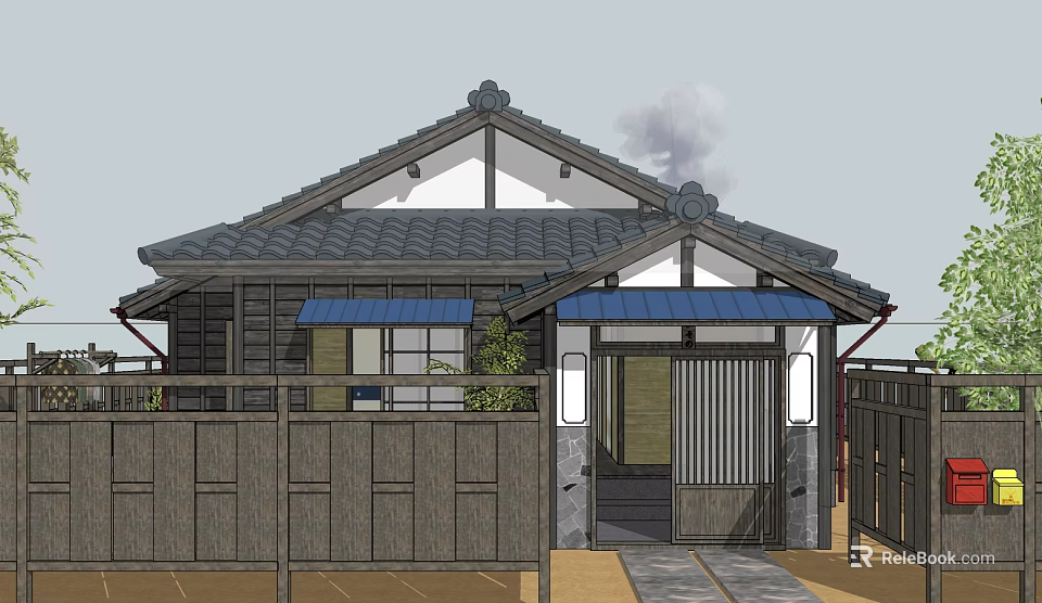 Japanese Style Detached Villa With Tile Roof Wooden Structure Porch And Green Plants 3d model 